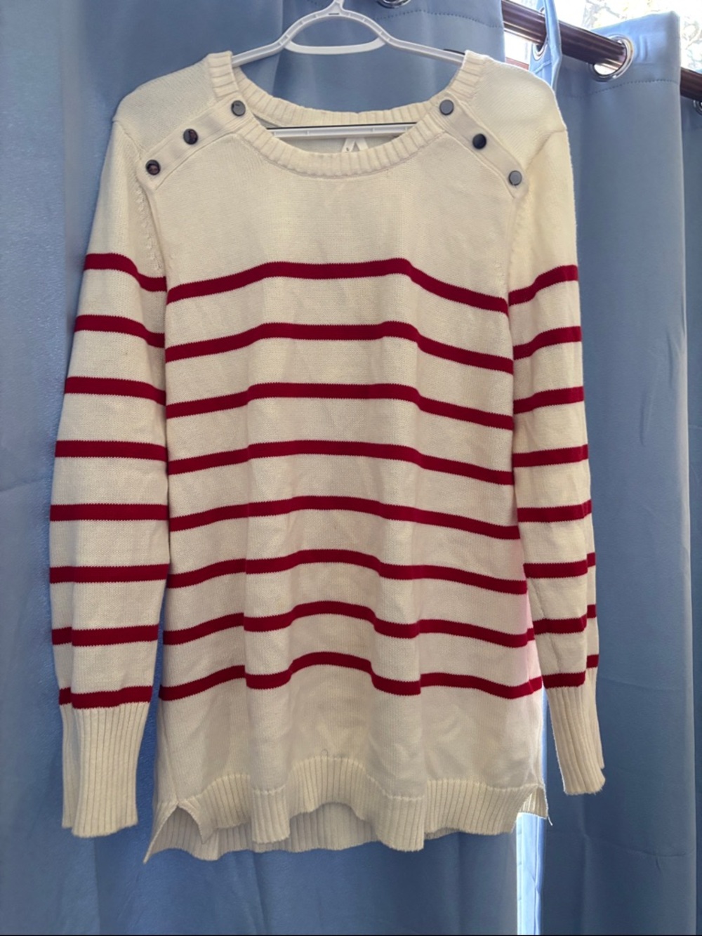 Seraphine Cream Sweater with Red Stripes and Shoulder Buttons